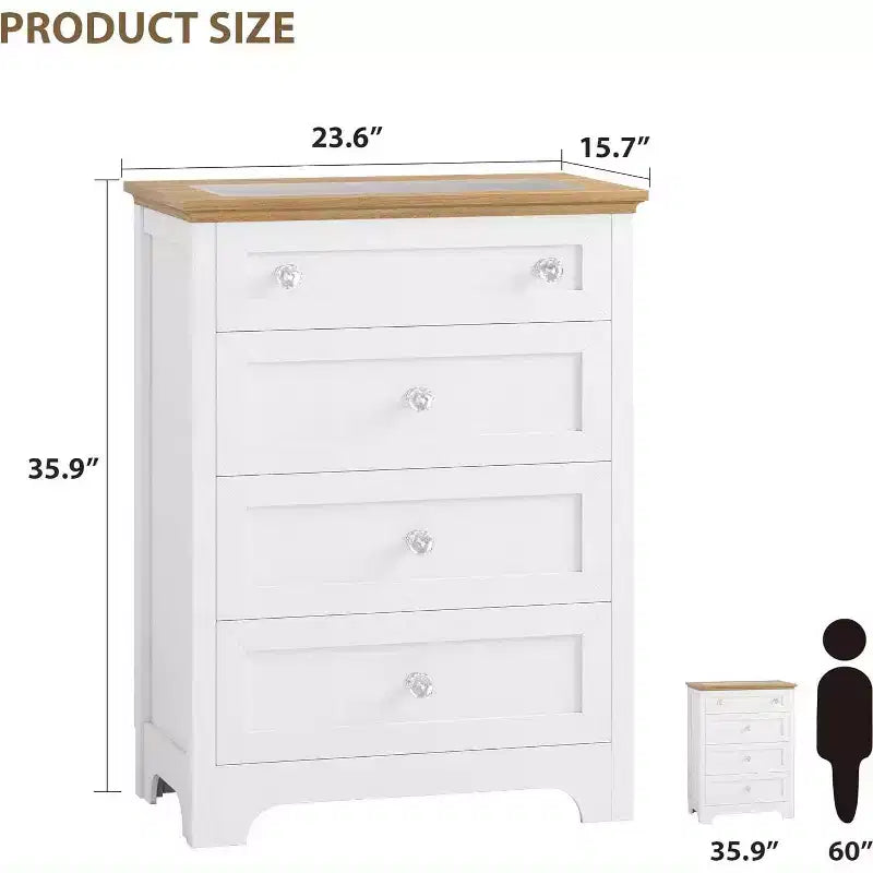 Acekool 4 Drawer Nightstand Cabinet with Glass Top, Modern Dresser for Bedroom, Living Room, Entryway