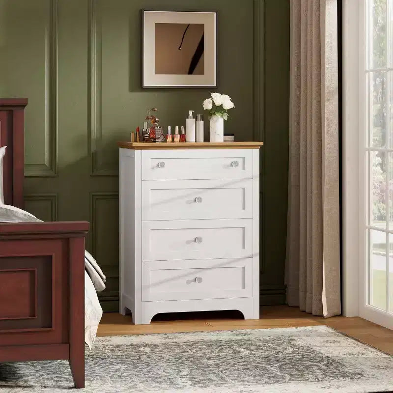 Acekool 4 Drawer Nightstand Cabinet with Glass Top, Modern Dresser for Bedroom, Living Room, Entryway