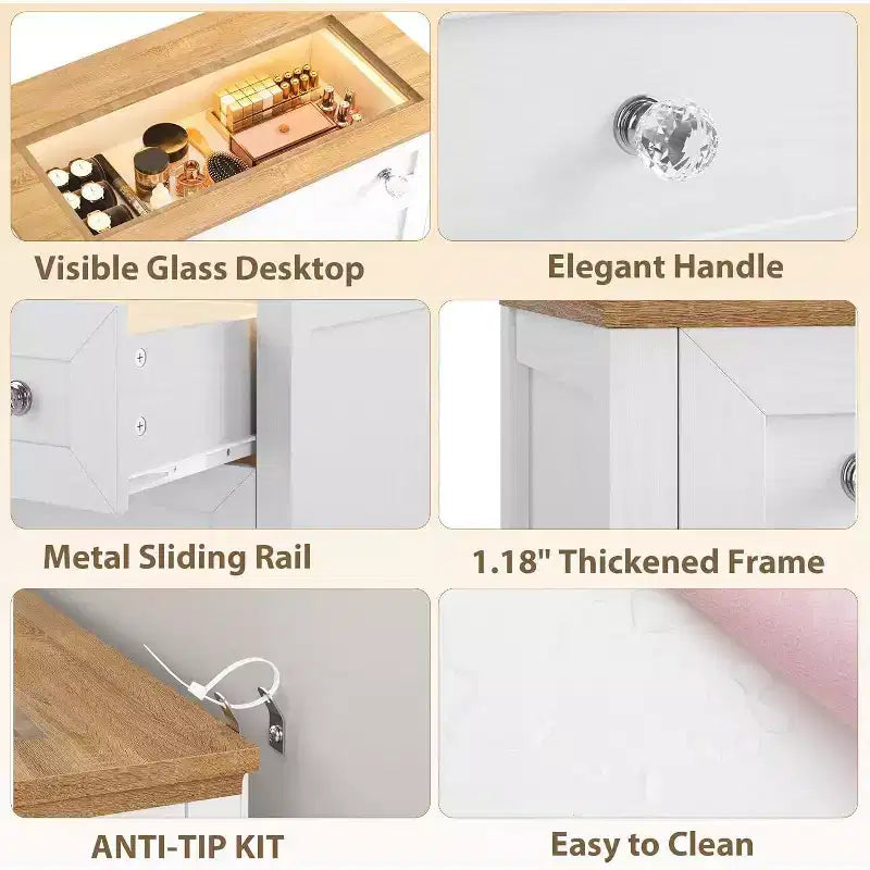 Acekool 4 Drawer Nightstand Cabinet with Glass Top, Modern Dresser for Bedroom, Living Room, Entryway