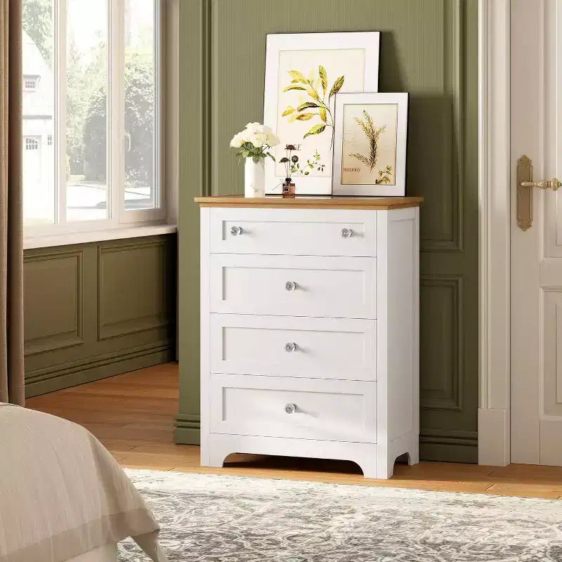 Acekool 4 Drawer Nightstand Cabinet with Glass Top, Modern Dresser for Bedroom, Living Room, Entryway