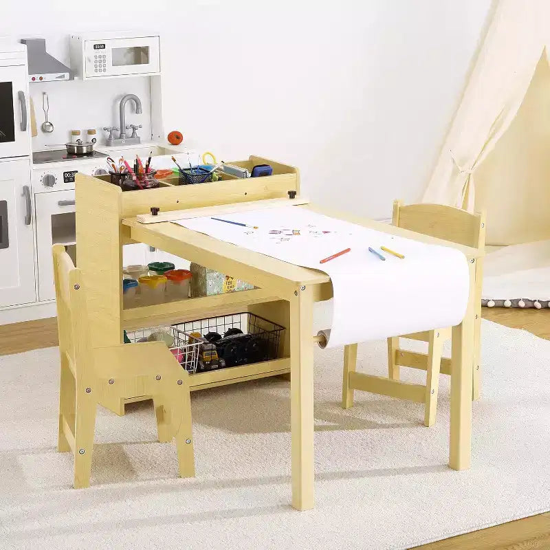 Kids Art Table with 2 Chairs Set, Wooden Toddler Craft Desk with Storage Shelves,Kids Craft Tables for Ages 2-10, Activity Drawing Table