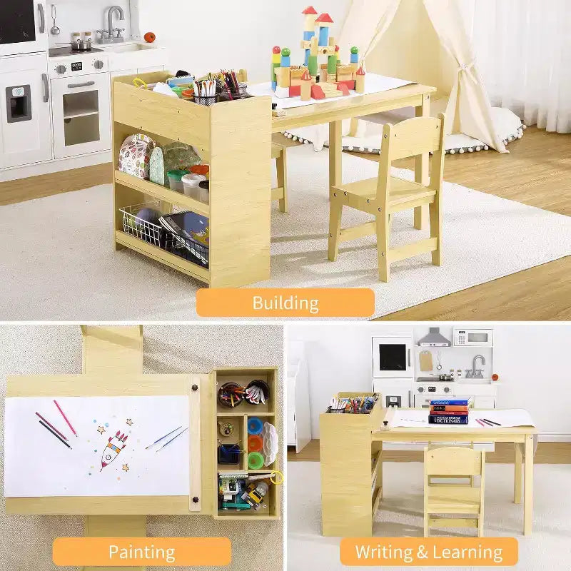 Kids Art Table with 2 Chairs Set, Wooden Toddler Craft Desk with Storage Shelves,Kids Craft Tables for Ages 2-10, Activity Drawing Table