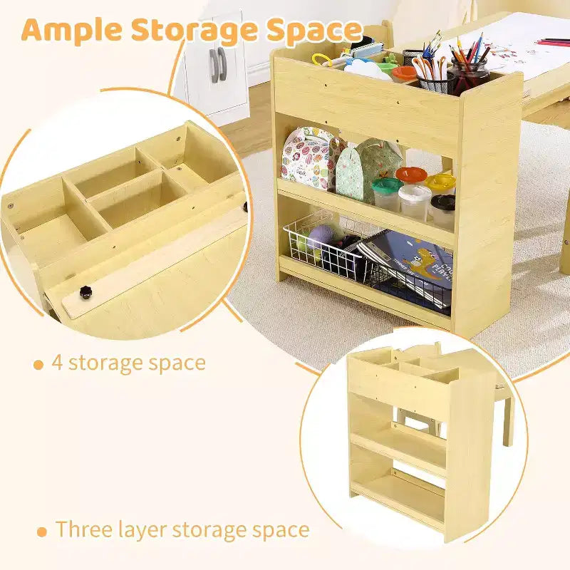 Kids Art Table with 2 Chairs Set, Wooden Toddler Craft Desk with Storage Shelves,Kids Craft Tables for Ages 2-10, Activity Drawing Table