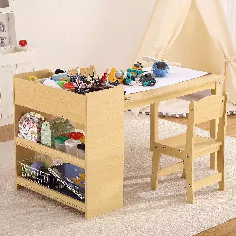 Kids Art Table with 2 Chairs Set, Wooden Toddler Craft Desk with Storage Shelves,Kids Craft Tables for Ages 2-10, Activity Drawing Table