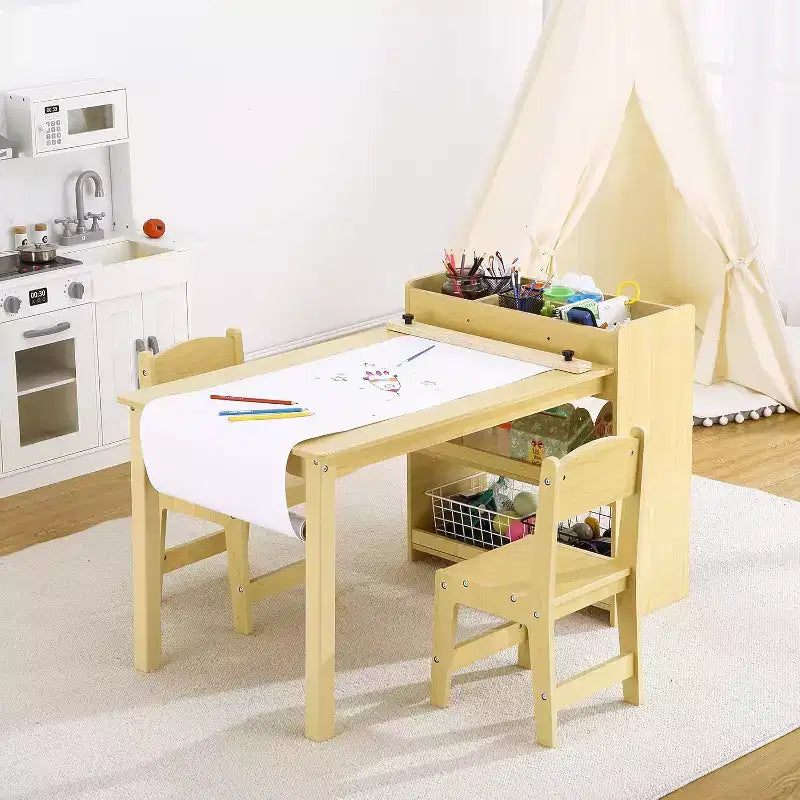 Kids Art Table with 2 Chairs Set, Wooden Toddler Craft Desk with Storage Shelves,Kids Craft Tables for Ages 2-10, Activity Drawing Table