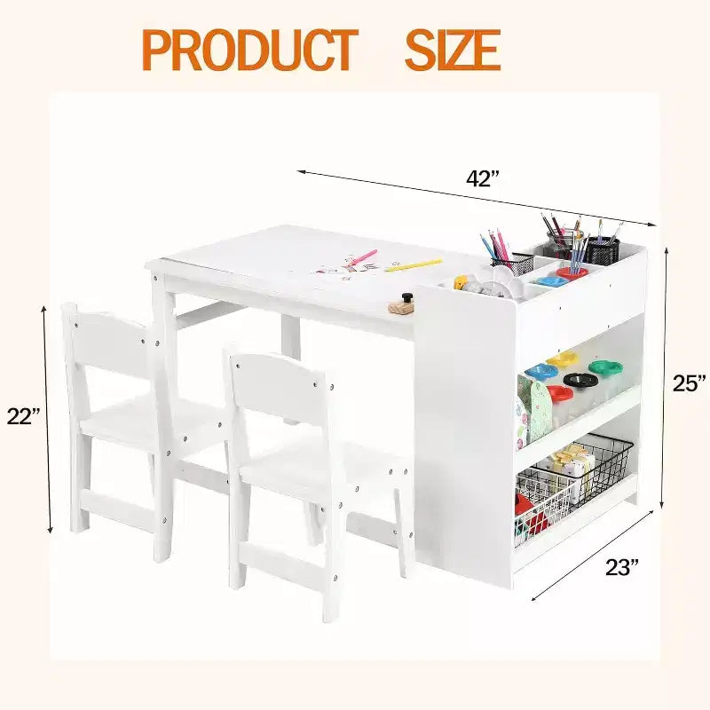 Kids Art Table with 2 Chairs Set, Wooden Toddler Craft Desk with Storage Shelves,Kids Craft Tables for Ages 2-10, Activity Drawing Table