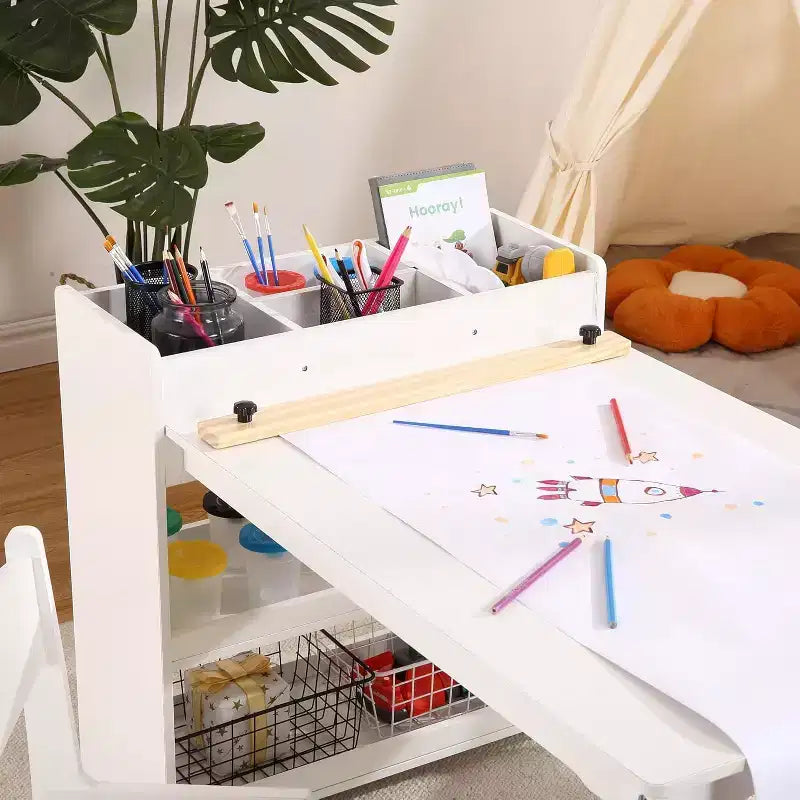 Kids Art Table with 2 Chairs Set, Wooden Toddler Craft Desk with Storage Shelves,Kids Craft Tables for Ages 2-10, Activity Drawing Table