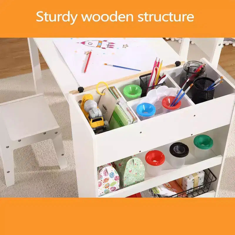 Kids Art Table with 2 Chairs Set, Wooden Toddler Craft Desk with Storage Shelves,Kids Craft Tables for Ages 2-10, Activity Drawing Table