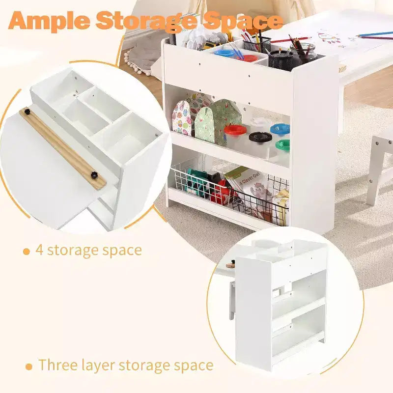 Kids Art Table with 2 Chairs Set, Wooden Toddler Craft Desk with Storage Shelves,Kids Craft Tables for Ages 2-10, Activity Drawing Table