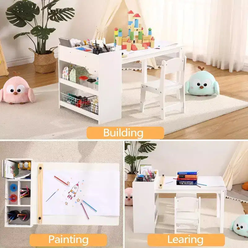 Kids Art Table with 2 Chairs Set, Wooden Toddler Craft Desk with Storage Shelves,Kids Craft Tables for Ages 2-10, Activity Drawing Table