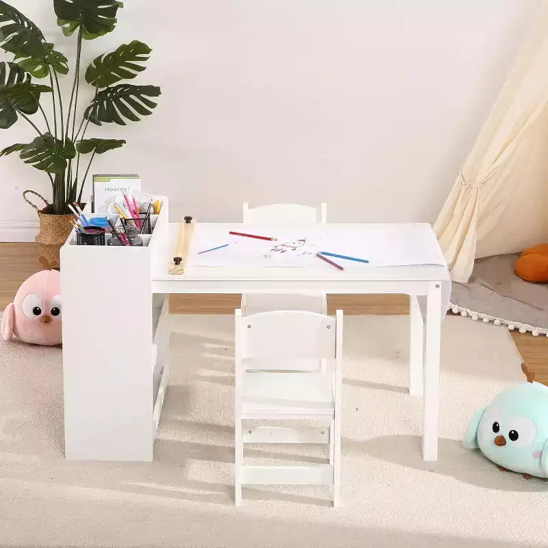 Kids Art Table with 2 Chairs Set, Wooden Toddler Craft Desk with Storage Shelves,Kids Craft Tables for Ages 2-10, Activity Drawing Table