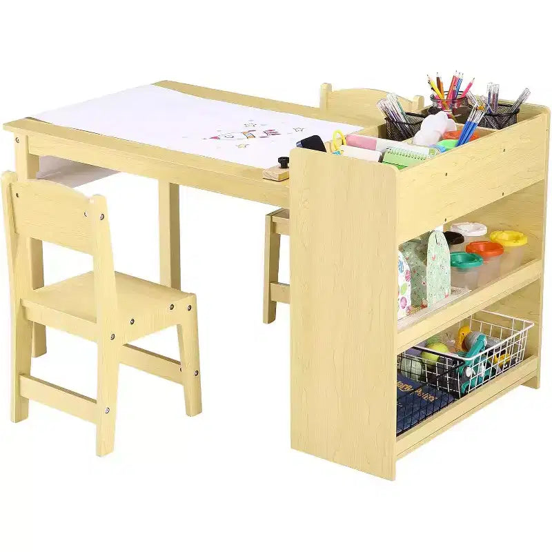 Kids Art Table with 2 Chairs Set, Wooden Toddler Craft Desk with Storage Shelves,Kids Craft Tables for Ages 2-10, Activity Drawing Table