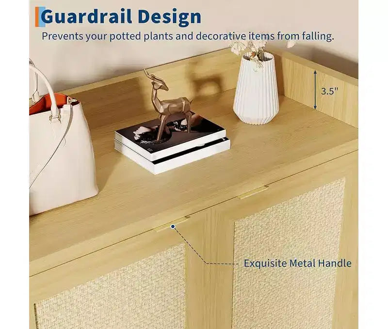 Rattan Shoe Storage Cabinet with Ventilated Rattan Doors & Wood Grain Warmth, Adjustable Shelves for Flexible Storage
