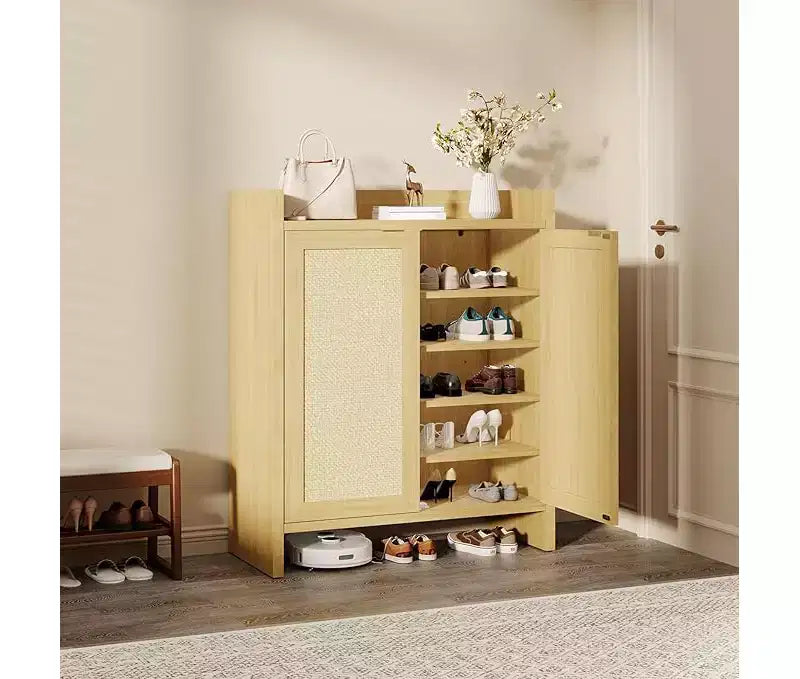 Rattan Shoe Storage Cabinet with Ventilated Rattan Doors & Wood Grain Warmth, Adjustable Shelves for Flexible Storage