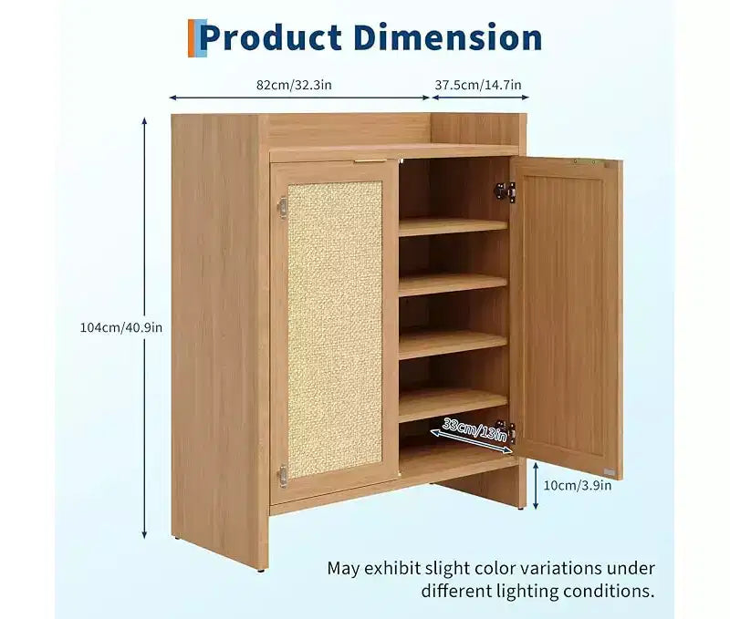 Rattan Shoe Storage Cabinet with Ventilated Rattan Doors & Wood Grain Warmth, Adjustable Shelves for Flexible Storage