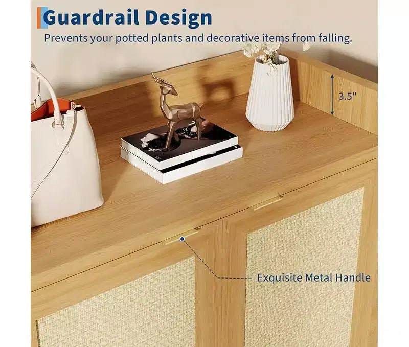 Rattan Shoe Storage Cabinet with Ventilated Rattan Doors & Wood Grain Warmth, Adjustable Shelves for Flexible Storage