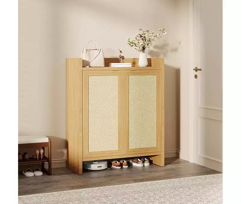 Rattan Shoe Storage Cabinet with Ventilated Rattan Doors & Wood Grain Warmth, Adjustable Shelves for Flexible Storage