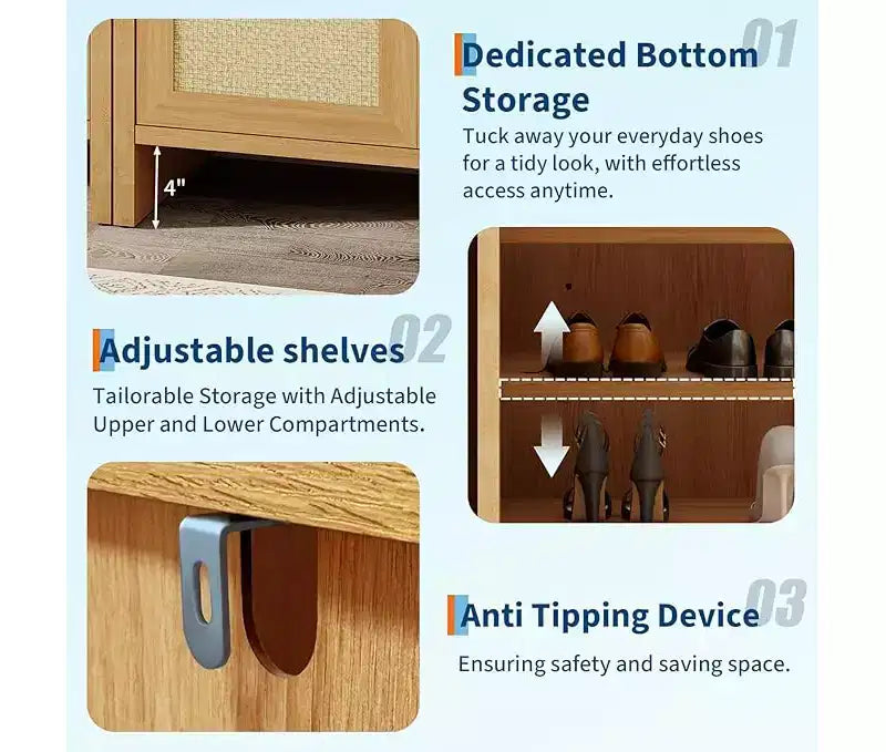 Rattan Shoe Storage Cabinet with Ventilated Rattan Doors & Wood Grain Warmth, Adjustable Shelves for Flexible Storage