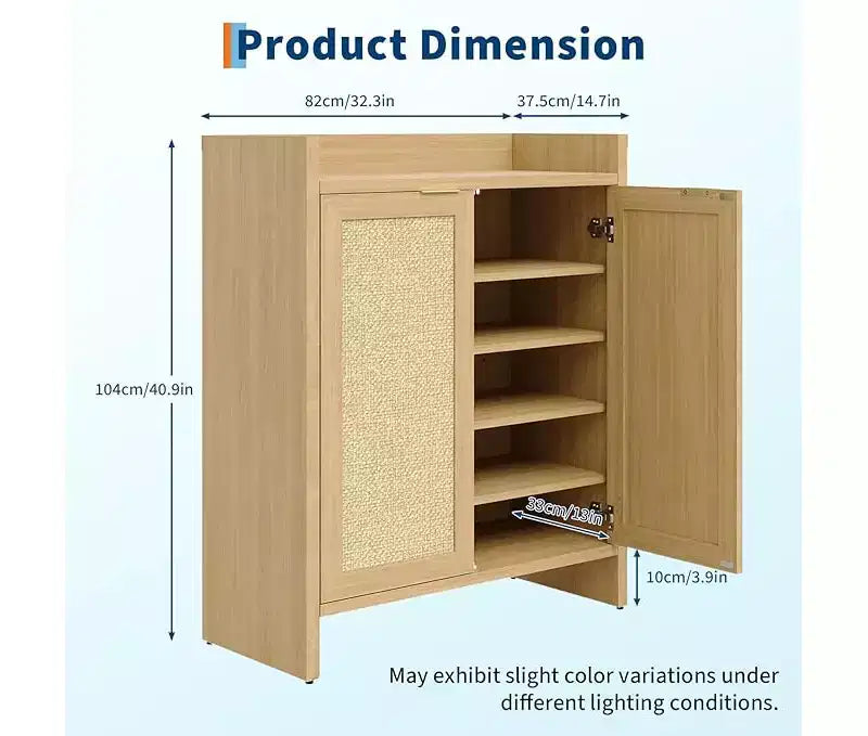 Rattan Shoe Storage Cabinet with Ventilated Rattan Doors & Wood Grain Warmth, Adjustable Shelves for Flexible Storage