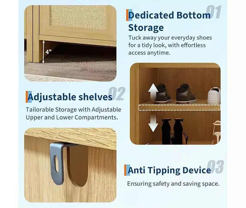 Rattan Shoe Storage Cabinet with Ventilated Rattan Doors & Wood Grain Warmth, Adjustable Shelves for Flexible Storage