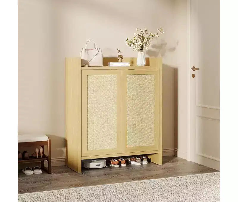 Rattan Shoe Storage Cabinet with Ventilated Rattan Doors & Wood Grain Warmth, Adjustable Shelves for Flexible Storage