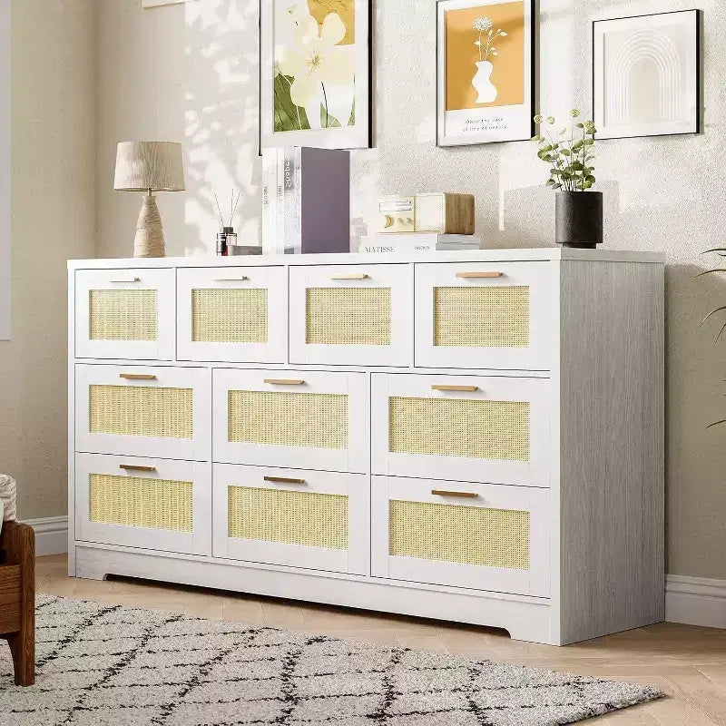 Acekool Rattan 10 Drawer Dresser, 59 Wide Modern Farmhouse Chest, Storage Cabinet Organizer for Bedroom, Living Room, Entryway