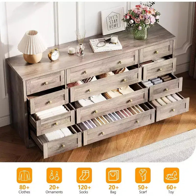 Acekool 12 Drawer Dresser, Wide Modern Chest and TV Stand for 65 Inch TV, Storage Organizer for Bedroom, Living Room, Hallway