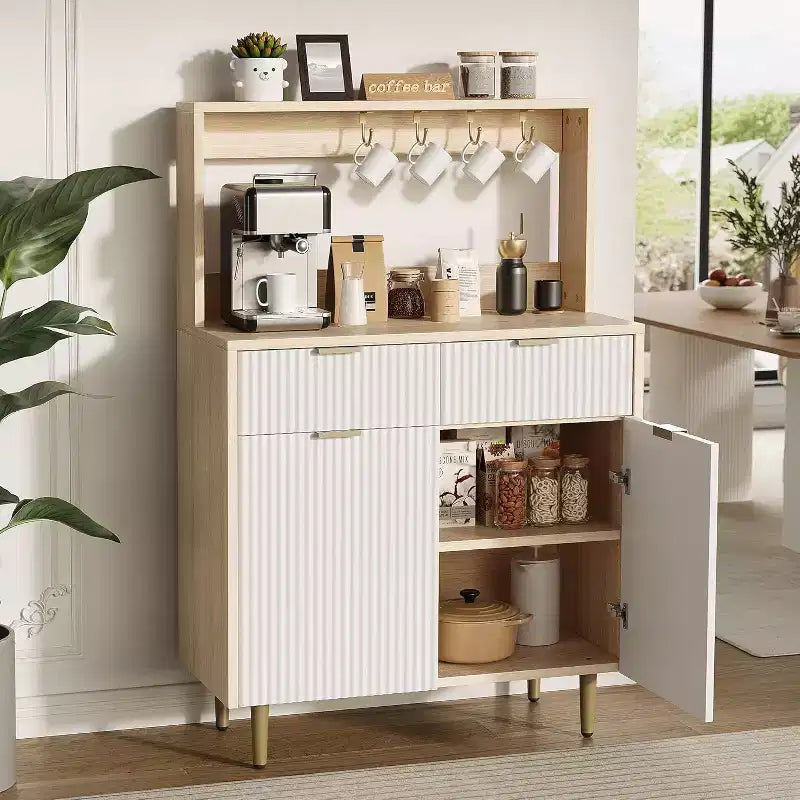 Acekool Fluted Sideboard Buffet Cabinet with 2 Drawers & Adjustable Shelves, Modern Coffee Bar Console for Dining Room, Kitchen, Hallway