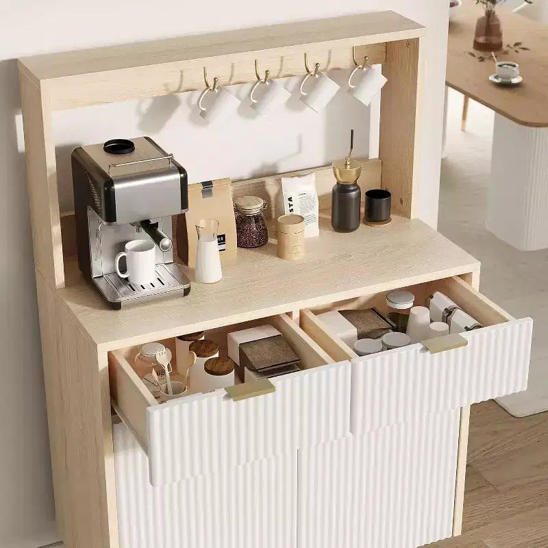 Acekool Fluted Sideboard Buffet Cabinet with 2 Drawers & Adjustable Shelves, Modern Coffee Bar Console for Dining Room, Kitchen, Hallway