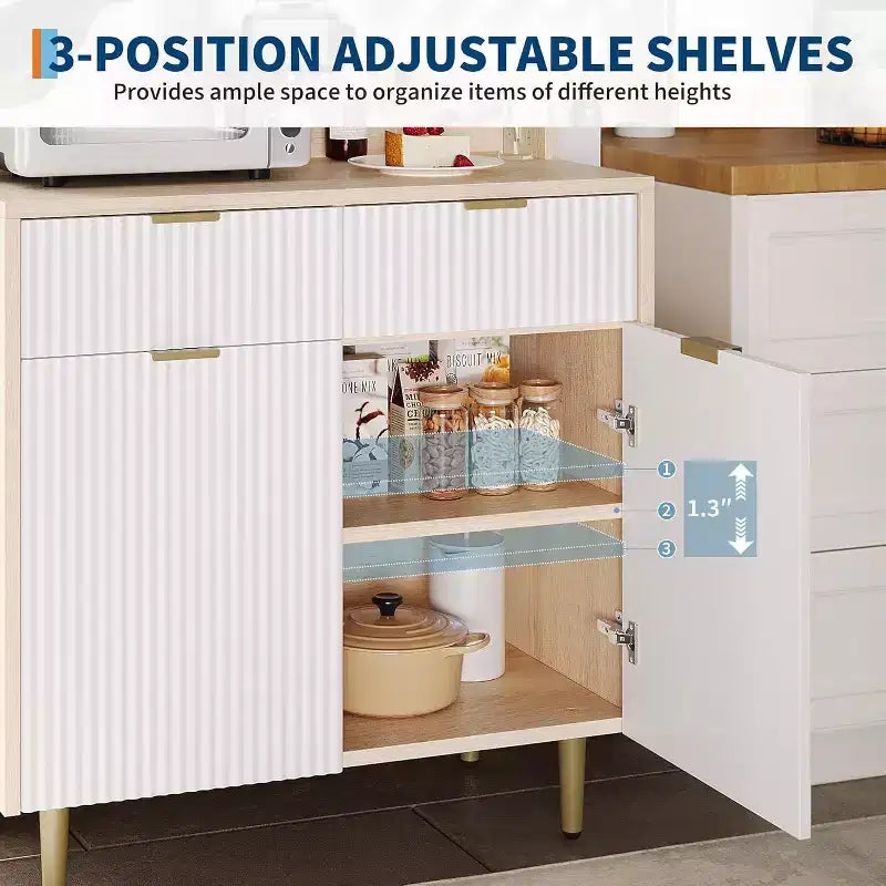 Acekool Fluted Sideboard Buffet Cabinet with 2 Drawers & Adjustable Shelves, Modern Coffee Bar Console for Dining Room, Kitchen, Hallway