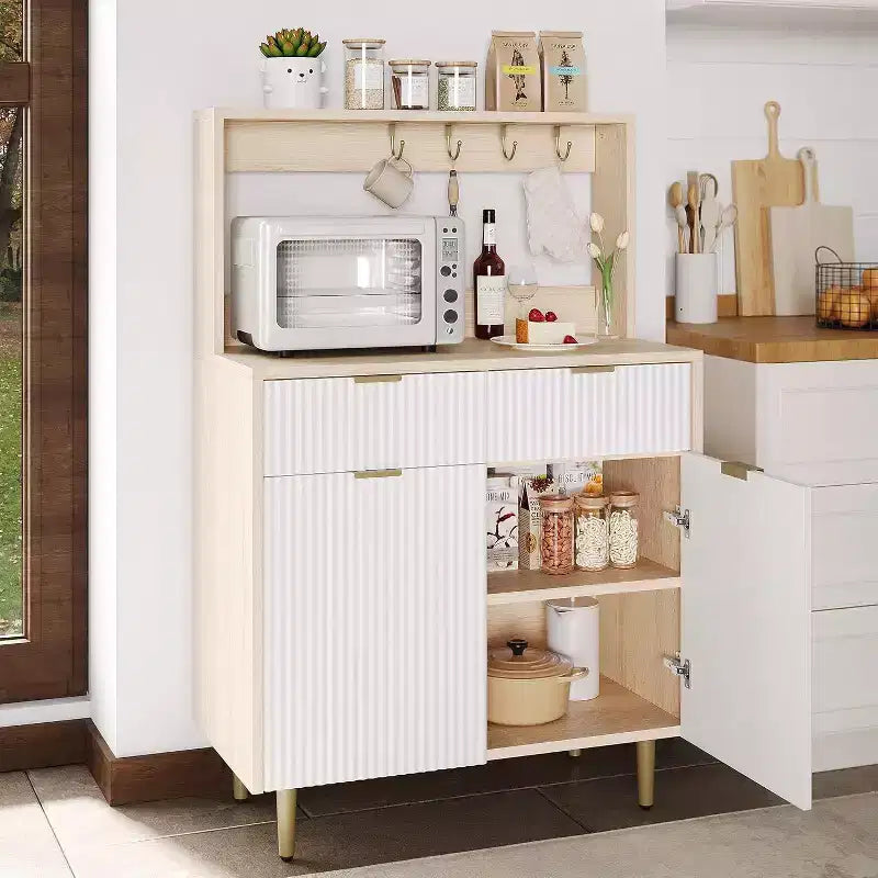 Acekool Fluted Sideboard Buffet Cabinet with 2 Drawers & Adjustable Shelves, Modern Coffee Bar Console for Dining Room, Kitchen, Hallway