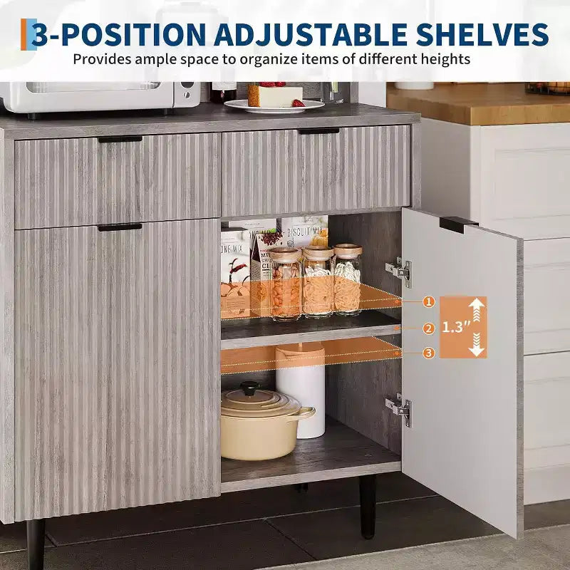 Acekool Fluted Sideboard Buffet Cabinet with 2 Drawers & Adjustable Shelves, Modern Coffee Bar Console for Dining Room, Kitchen, Hallway