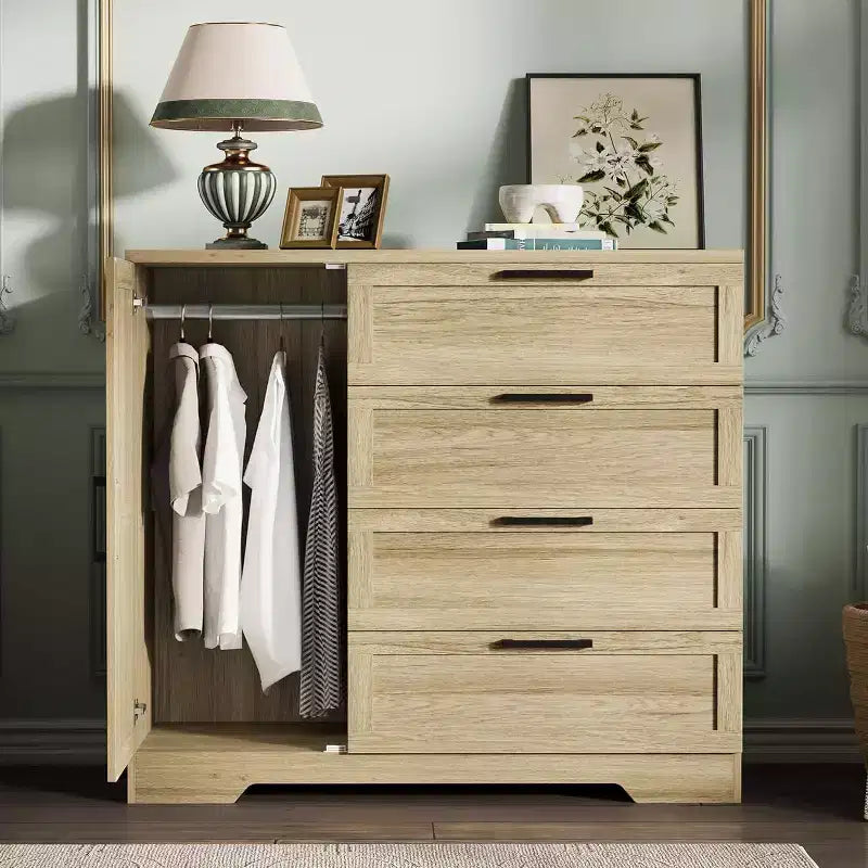 Acekool Wood Armoire Wardrobe Closet, 43.3 Bedroom Cabinet with 4 Drawers, Door & Hanging Rod Storage Organizer