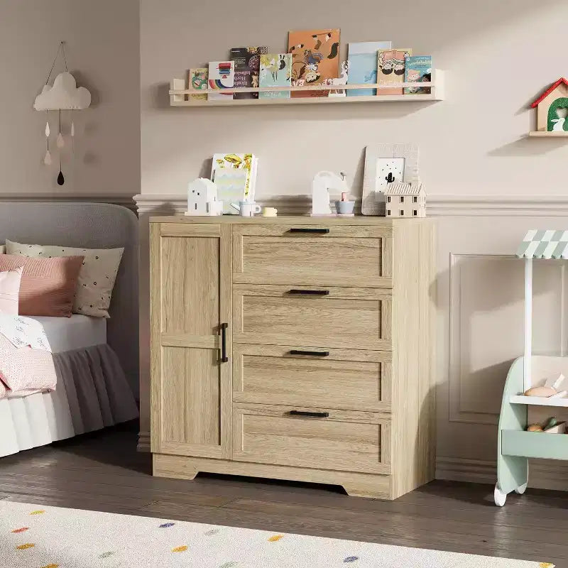 Acekool Wood Armoire Wardrobe Closet, 43.3 Bedroom Cabinet with 4 Drawers, Door & Hanging Rod Storage Organizer