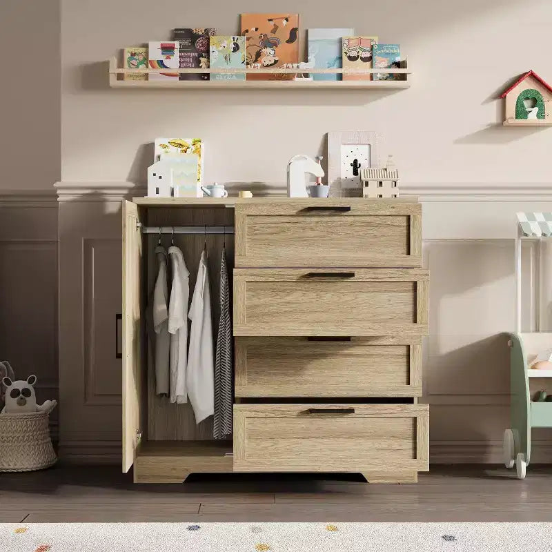 Acekool Wood Armoire Wardrobe Closet, 43.3 Bedroom Cabinet with 4 Drawers, Door & Hanging Rod Storage Organizer