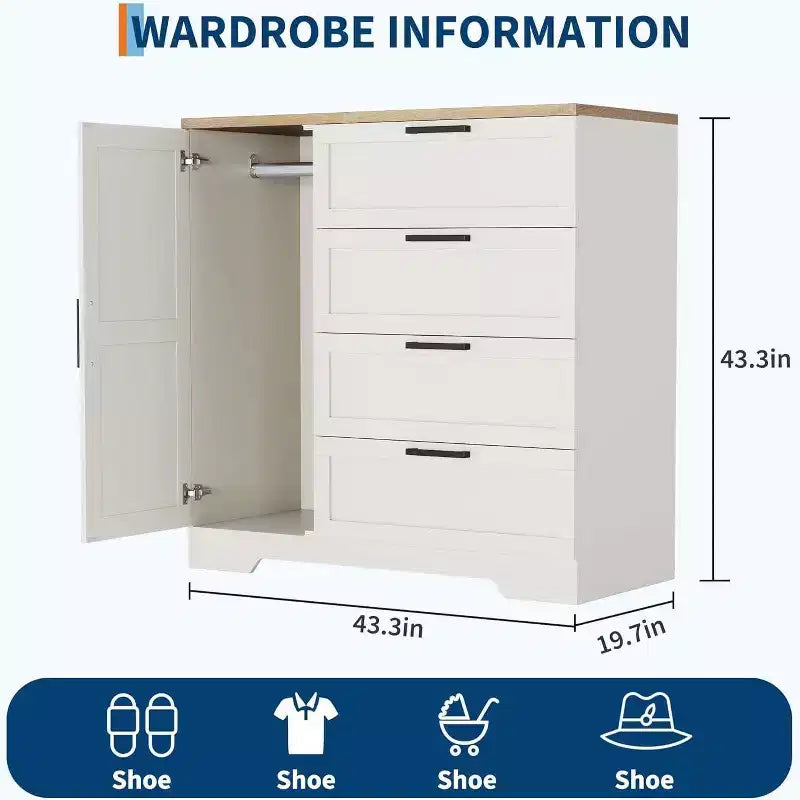 Acekool Wood Armoire Wardrobe Closet, 43.3 Bedroom Cabinet with 4 Drawers, Door & Hanging Rod Storage Organizer