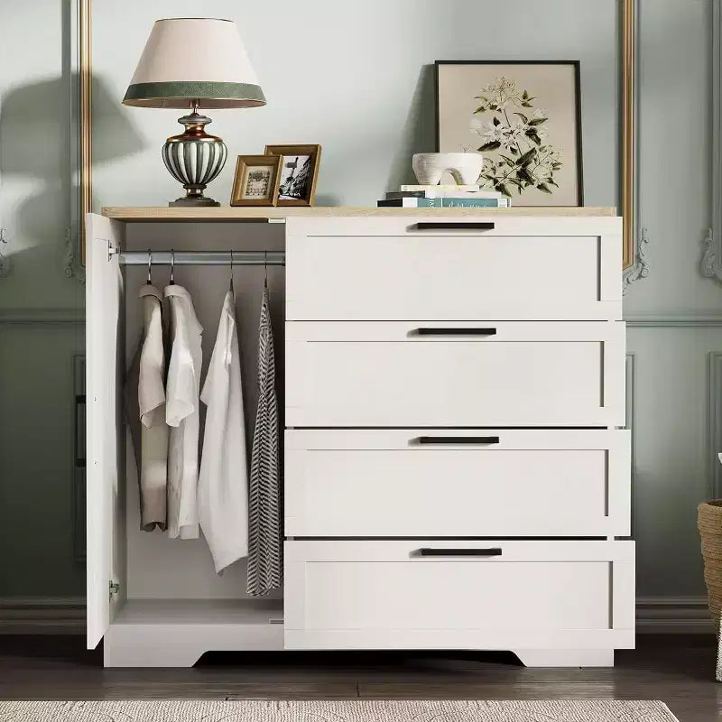 Acekool Wood Armoire Wardrobe Closet, 43.3 Bedroom Cabinet with 4 Drawers, Door & Hanging Rod Storage Organizer