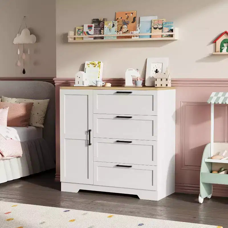 Acekool Wood Armoire Wardrobe Closet, 43.3 Bedroom Cabinet with 4 Drawers, Door & Hanging Rod Storage Organizer