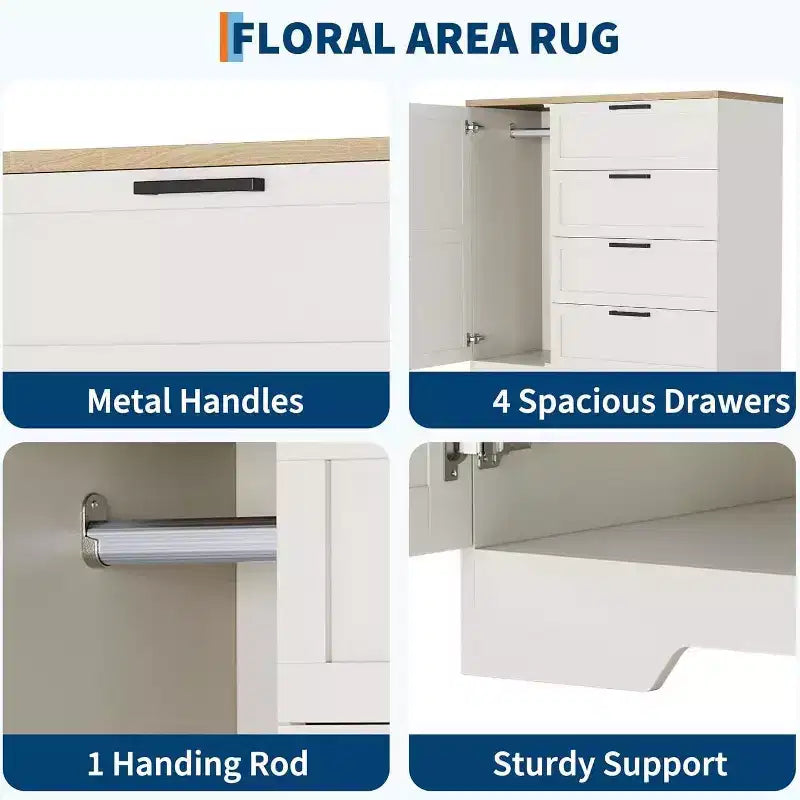 Acekool Wood Armoire Wardrobe Closet, 43.3 Bedroom Cabinet with 4 Drawers, Door & Hanging Rod Storage Organizer