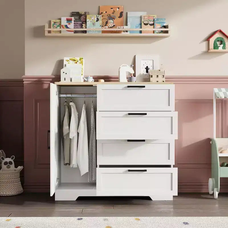 Acekool Wood Armoire Wardrobe Closet, 43.3 Bedroom Cabinet with 4 Drawers, Door & Hanging Rod Storage Organizer