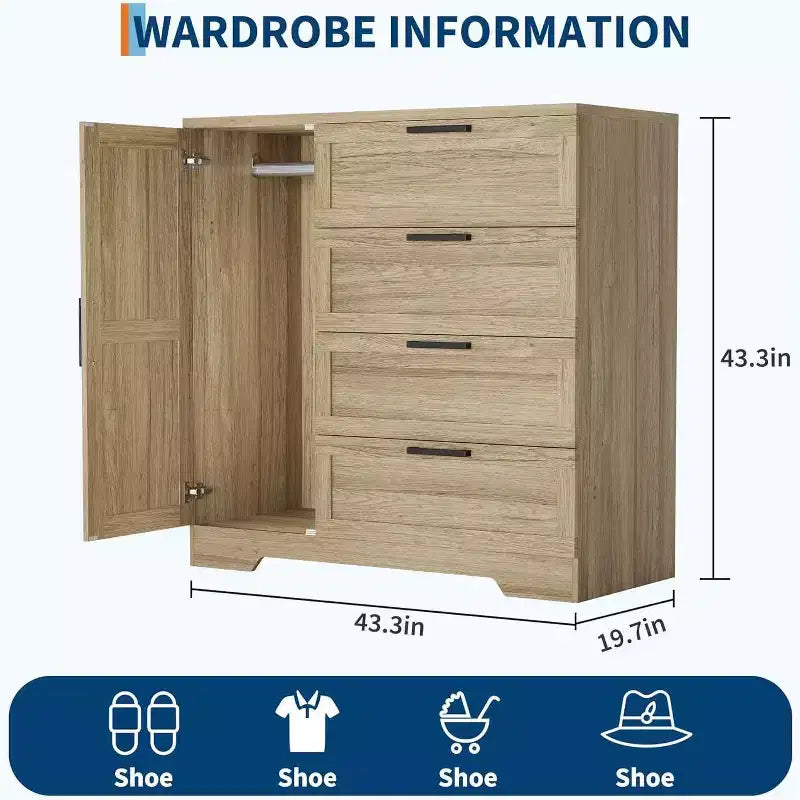 Acekool Wood Armoire Wardrobe Closet, 43.3 Bedroom Cabinet with 4 Drawers, Door & Hanging Rod Storage Organizer