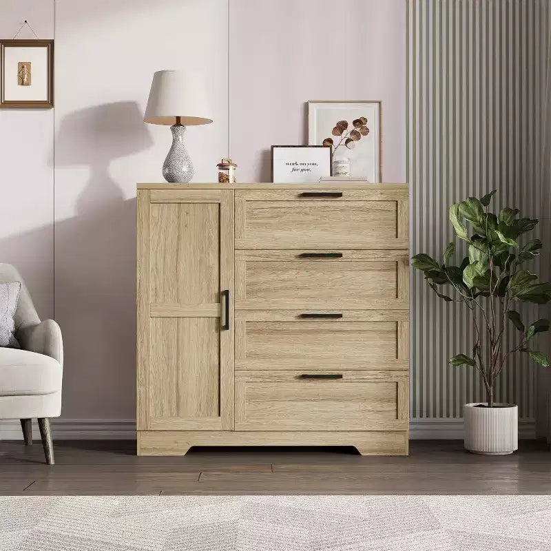 Acekool Wood Armoire Wardrobe Closet, 43.3 Bedroom Cabinet with 4 Drawers, Door & Hanging Rod Storage Organizer