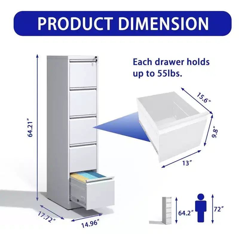 5 Drawer Vertical File Cabinet with Lock, Metal Locking Filing Cabinet for Home Office, File Storage Cabinet for A4/Letter/Legal Size File