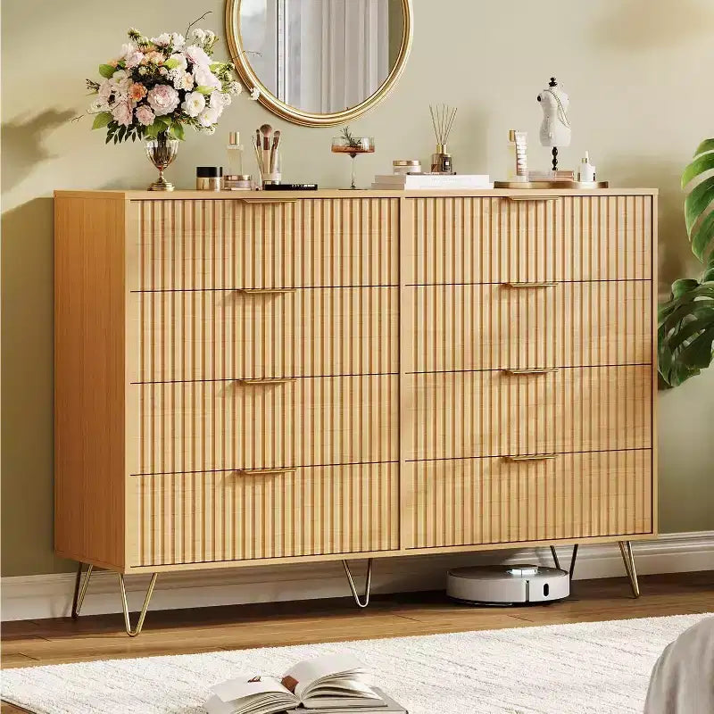 Modern 55 Fluted 8-Drawer Wooden Dresser with Metal Handles - Versatile Storage Organizer & TV Stand for Bedroom and Living Room.