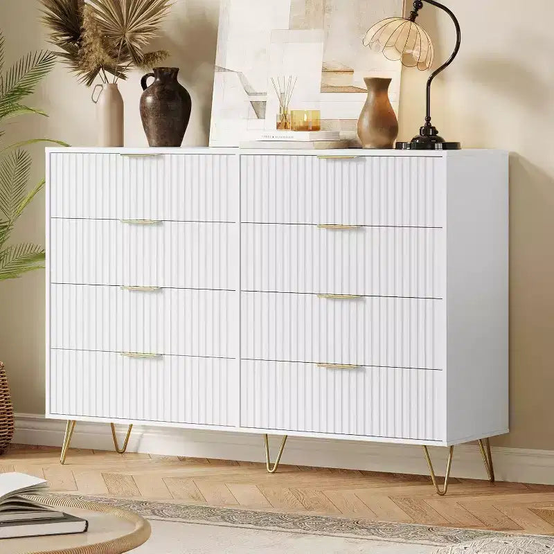 Modern 55 Fluted 8-Drawer Wooden Dresser with Metal Handles - Versatile Storage Organizer & TV Stand for Bedroom and Living Room.