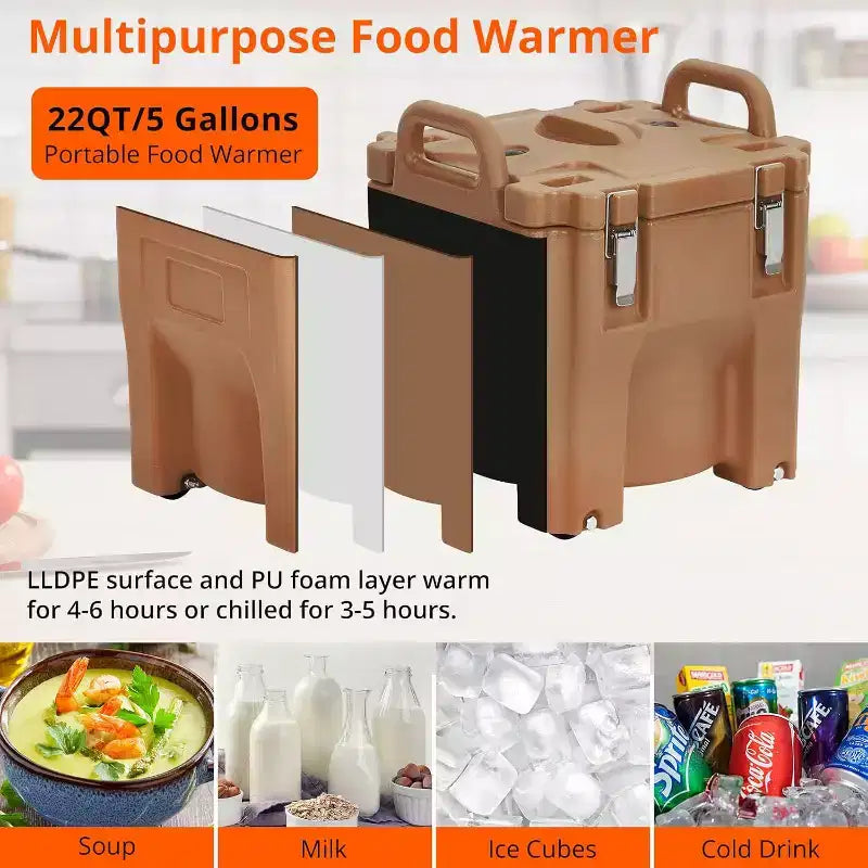 Insulated Food Carrier, 22Qt Capacity, Stackable Hot Box, with Spoon, Wheel and Safe Lock, for Catering, Family Gathering, Canteen, Restaurant