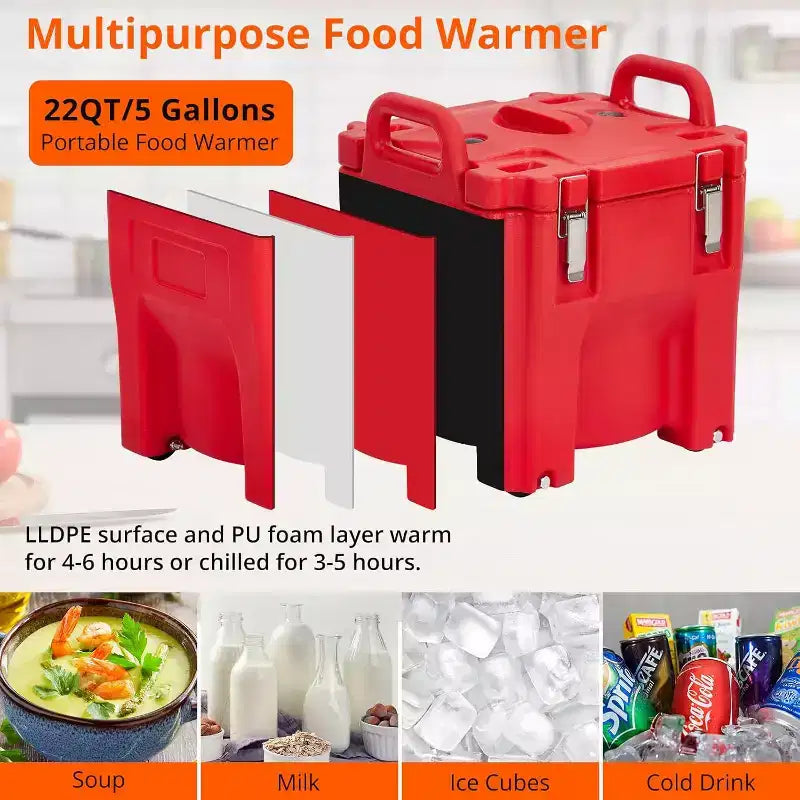 Insulated Food Carrier, 22Qt Capacity, Stackable Hot Box, with Spoon, Wheel and Safe Lock, for Catering, Family Gathering, Canteen, Restaurant