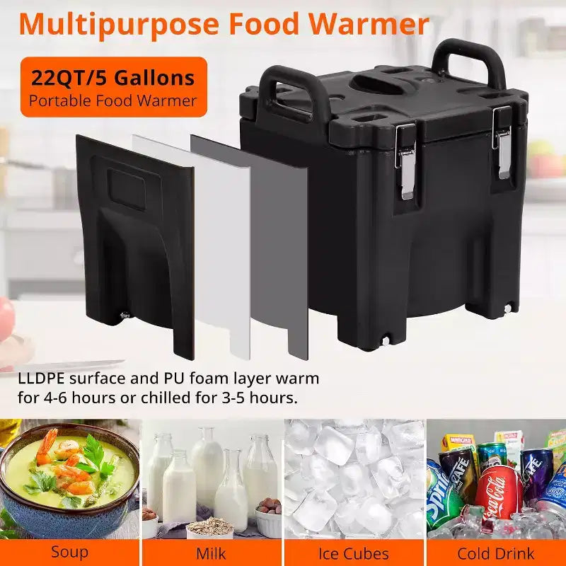 Insulated Food Carrier, 22Qt Capacity, Stackable Hot Box, with Spoon, Wheel and Safe Lock, for Catering, Family Gathering, Canteen, Restaurant