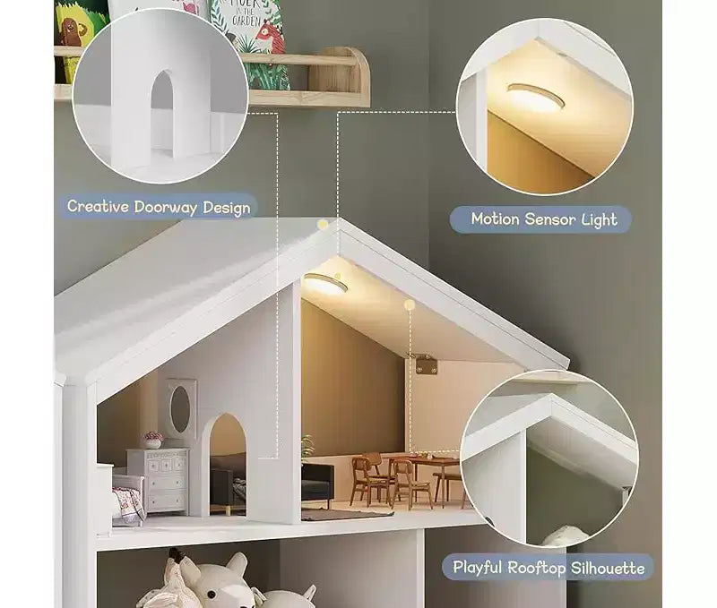 3-Tier Children's Bookshelf and Toy Storage Organizer with Motion Sensor Light C Wooden Book Rack for Playrooms, Classrooms, and Bedrooms