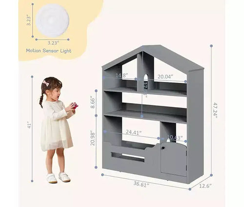 3-Tier Children's Bookshelf and Toy Storage Organizer with Motion Sensor Light C Wooden Book Rack for Playrooms, Classrooms, and Bedrooms